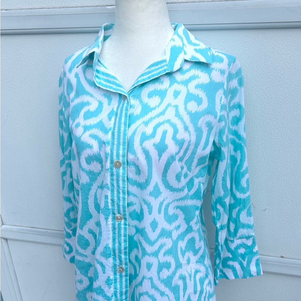 Gretchen Scott Top Women S Blue Button Up Everywhere Arabesque 100% Cotton Shirt - Picture 11 of 13